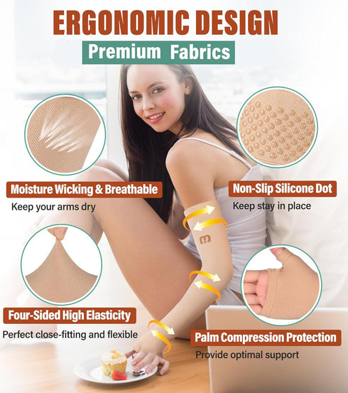 MGANG Lymphedema Compression Arm Sleeve with Gauntlet for Men and Women, Opaque, 15-20 mmHg Medical Graduated