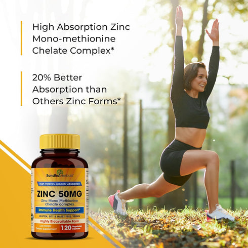 Sandhu Herbals Zinc 50mg Supplement for Men & Women, High Absorption Zinc Complex, 120 Capsules