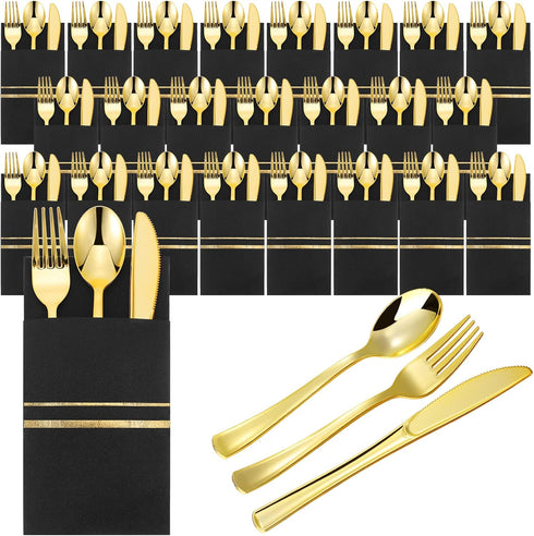 25 Set Plastic Silverware with Napkins, Wrapped Disposable Cutlery Set for Dinner Party Wedding, Black Gold
