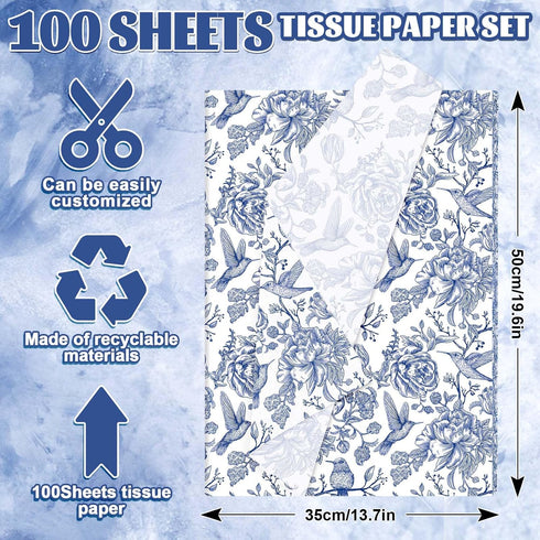 Whaline 100 Sheets Blue White Floral Tissue Paper Chinoiserie Flower Bird Gift Wrapping Paper DIY Art Craft Tissue Paper for Packaging Wedding Birthday Baby Shower, 13.7 x 19.6 Inch by Whaline