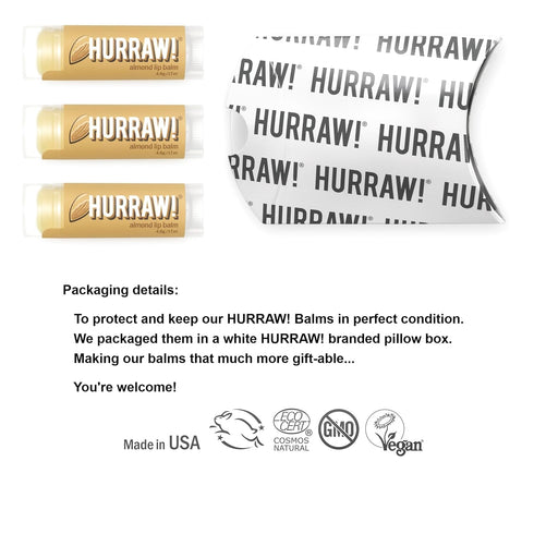 Hurraw! Almond Lip Balm, 3 Pack: Organic, Vegan, Gluten Free, Cruelty Free, Non-GMO, Natural Ingredients, USA