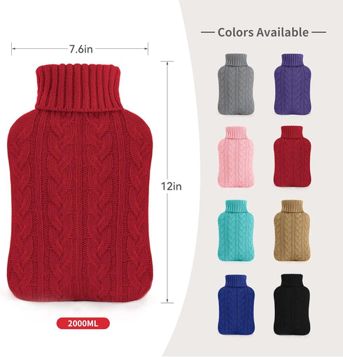 samply Hot Water Bottle with Knitted Cover, 2L Hot Water Bag for Hot and Cold Compress, Pain Relief, Red