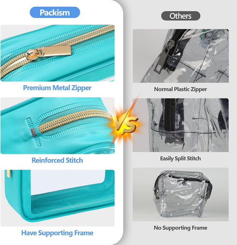 PACKISM TSA Approved Clear Makeup Bag - 3 Pack Upgrade Color-Edged Toiletry Bag for Various Storage Needs (Turquoise)