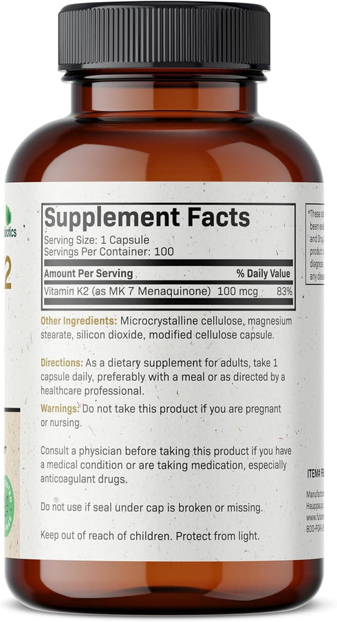Futurebiotics Vitamin K2 as MK-7 100 mcg, Non-GMO Vegetarian Capsules for Strong Bones, 100 Count