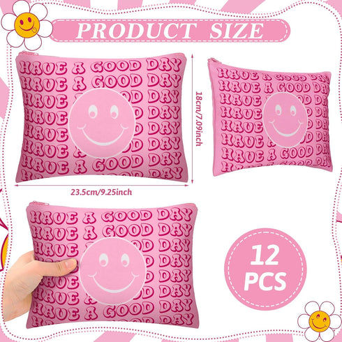 Kajaia 12 Pcs Preppy Makeup Bag with Zipper Pink Smile Face Cosmetic Bag Preppy Birthday Party Favor Leopard Howdy Makeup Pouch Portable Travel Toiletry Bag Accessories Cute Preppy Gift for Women Girl