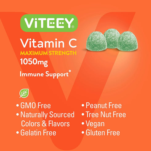 Vitamin C Gummies for Adults & Teens | 90 Count | 1050mg Maximum Strength | Immune Support, Vegan, Gelatin Free, Sour