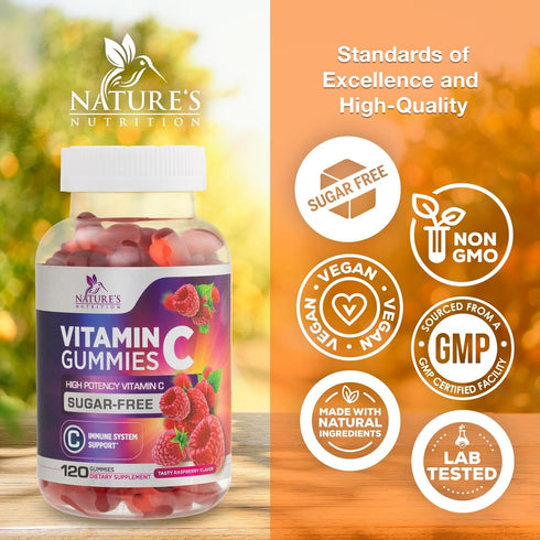 Sugar Free Vitamin C Gummies - 120 Count, Immune Support & Antioxidant Supplement, Vegan, Raspberry Flavor
