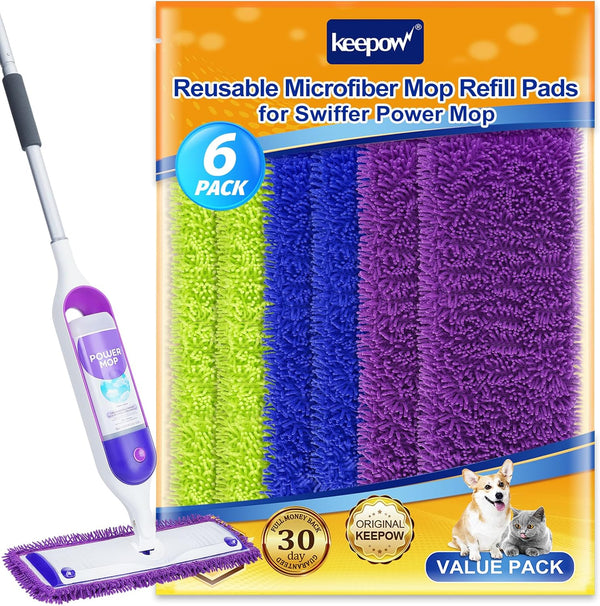 KEEPOW Reusable Power Mop Refill Pads, Compatible with Swiffer PowerMop, Microfiber Power Mop Pads for Hardwood Floor