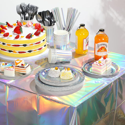 Iridescent Party Supplies, Holographic Paper Plates and Napkins Set for Mermaid Birthday Wedding Party, Serve 25