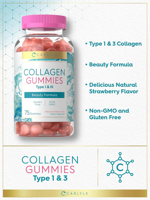 Carlyle Collagen Gummies - Strawberry Flavor Beauty Supplement with Hydrolyzed Collagen Peptides for Women & Men