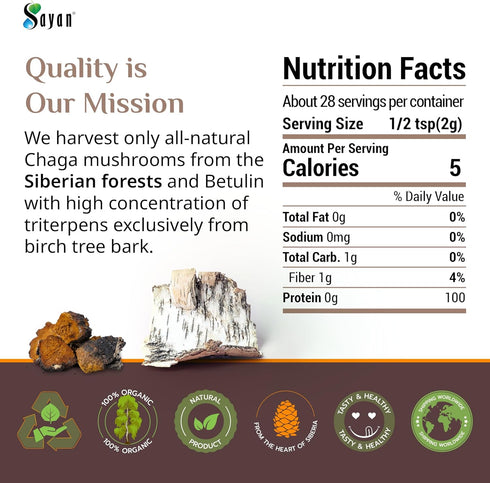 Sayan Siberian Chaga Mushroom Extract with Betulin Powder, 2 oz, Organic Antioxidant Blend for Wellness