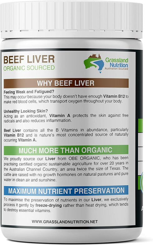 Grass Fed Beef Liver 100% Organic Sourced - Natural B12 for Energy, Iron & Vitamin A - 180 Capsules