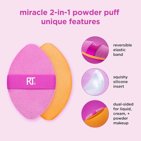 Real Techniques Miracle 2-In-1 Powder Puff + Travel Case - Dual-Sided Makeup Blending Puff for Liquid, Cream & Powders