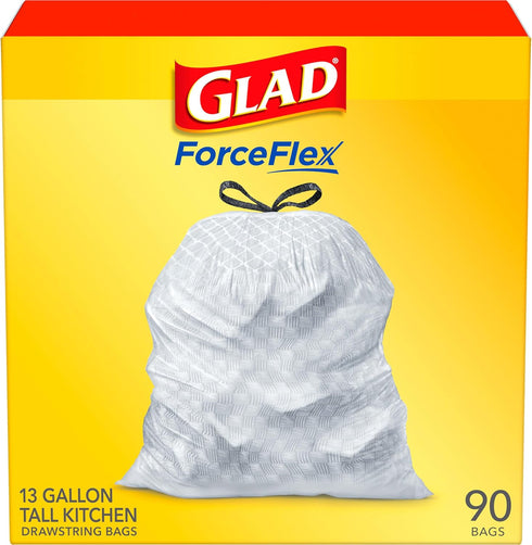 Glad Trash Bags, ForceFlex Tall Kitchen Drawstring Garbage Bags, White, 13 Gallon, 90 Count (Package May Vary)