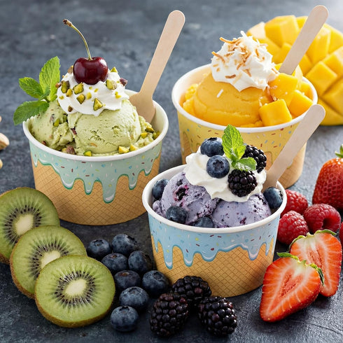 Ninehaoou 100 Pack 8 oz Frozen Paper Ice Cream Cups with Wooden Spoons, Disposable Dessert Bowls, Colorful Sundae Bar