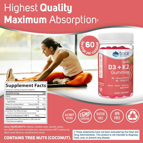 Trace Minerals Vitamin D3 + K2 Gummies - 60 Servings with 5,000 IU D3 + 50 mcg K2, Vegan, Sugar Free