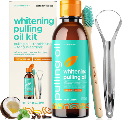 artnaturals Coconut Oil Pulling (8oz) Set - Alcohol-Free Mouthwash with Tongue Scraper & Toothbrush for Fresh Breath