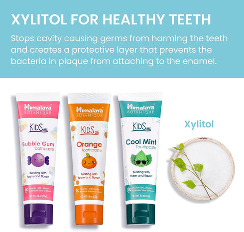 Pack 4 oz (Pack 3) Himalaya Botanique Kids Toothpaste with Xylitol, Variety of Bubble Gum, Orange & Cool Mint