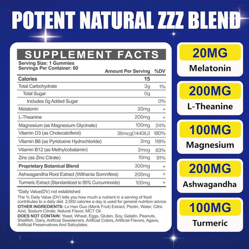 Melatonin 20mg Gummies for Adults, Sugar Free Extra Strength with L-Theanine, Magnesium, Ashwagandha, Turmeric, D3 &