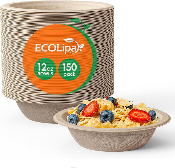 ECOLipak 150 Pack Compostable Paper Bowls, 12 oz Disposable Biodegradable Soup Bowls Made of Natural Bagasse