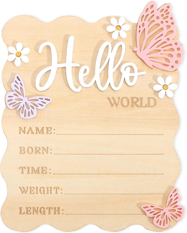 TERJIO Butterfly Daisy Hello Worid Board - Little Butterfly Birth Announcement Sign, Wooden