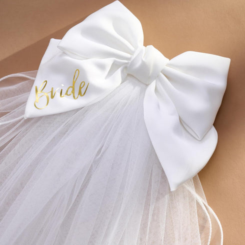 SWEETV Bridal Hair Bow Veil: White Bow Clip Pearl Accessories for Bachelorette Party and Bridal Shower Gift