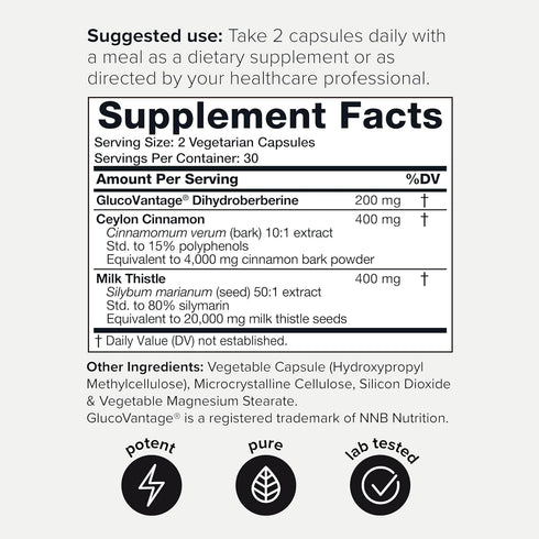 Ultra Concentrated Dihydroberberine Supplement - 24,000 mg per Serving with Ceylon Cinnamon & Milk Thistle Extract - 200mg GlucoVantage - 5X More Effective - Third Party Lab Tested Dihydroberberine
