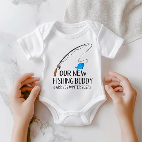 Our New Fishing Buddy Arrives - Customizable Pregnancy Announcement Baby Bodysuit - Personalized Reveal