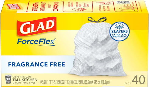 Glad Trash Bags, 13 Gallon ForceFlex Tall Kitchen Drawstring Garbage Bags, 40 Count, Package May Vary