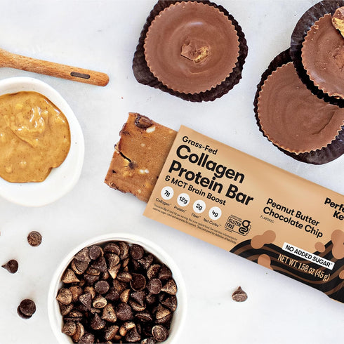 Perfect Keto Collagen Protein Bar - Gluten Free, Low Carb, 13g Protein, Peanut Butter Chocolate Chip (12 Bars)