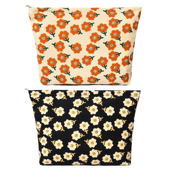 2 Pieces Large Corduroy Makeup Bag, Orange Black Flower Cosmetic Bag, Cute Aesthetic Travel Toiletry Organizer for Women