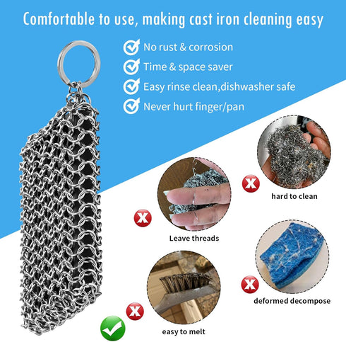 Scrubber,316 Herda Chain Mail Cast Iron Cleaner Chainmail Pan Scrubber Metal Cleaning Brush, Pad, Sponge Scraper