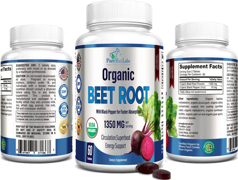 Organic Beet Root Powder Tablets - 1350mg with Black Pepper for Faster Absorption - 60 Tablets for Energy and Stamina