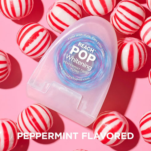 REACH POP Whitening Dental Floss, Peppermint, 54.6yd, Baking Soda Infused, PFAS-Free, Eco Friendly Holder