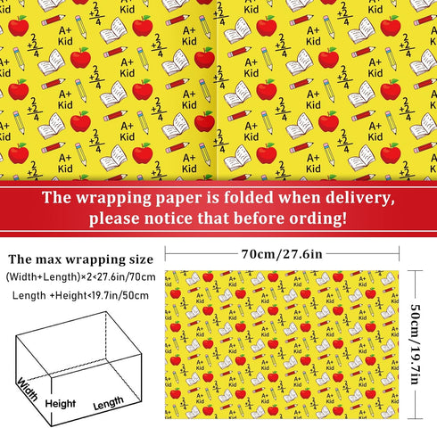 Whaline 12 Sheet Back to School Wrapping Paper Bulk Pencil Apple ABC Book Prints Gift Wrap Paper 19.7 x 27.6 Inch Folded Flat Art Paper for First Day of School DIY Crafts Gift Packing Decoration
