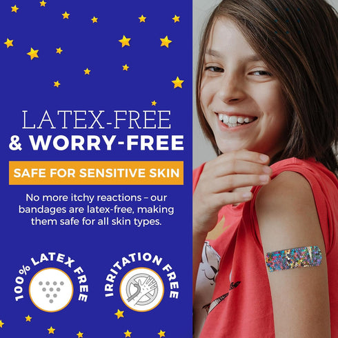 Glitter Bandages for Kids - 100 Count Box of Adhesive Strips with Colorful Glitter Design for First Aid