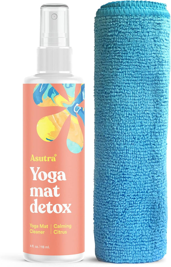 ASUTRA Yoga Mat Cleaner Spray (Calming Citrus) - 4 fl oz - Organic Essential Oils, Deep-Cleansing Microfiber Towel