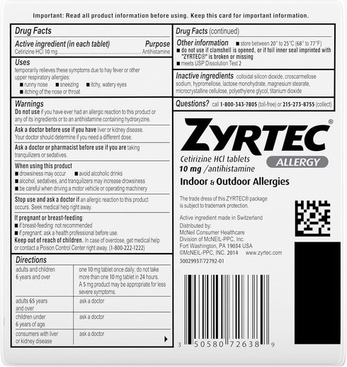 Zyrtec 24 Hour Allergy Relief Tablets, 10 mg Cetirizine HCl, 45 ct