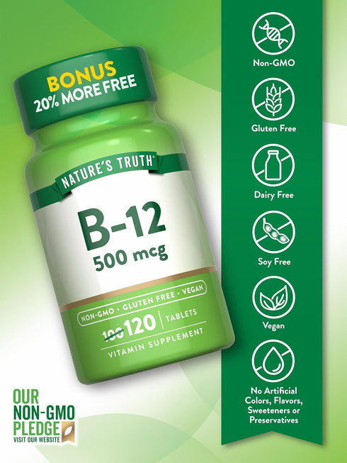 Nature's Truth B12 Vitamin | 500 mcg | 120 Tablets | Vegetarian, Non-GMO & Gluten Free Supplement