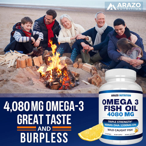 Omega-3 4,080mg 1200mg 900mg 120 Arazo Nutrition Wild Caught Fish Oil Concentrate per Serving High EPA & DHA Burpless