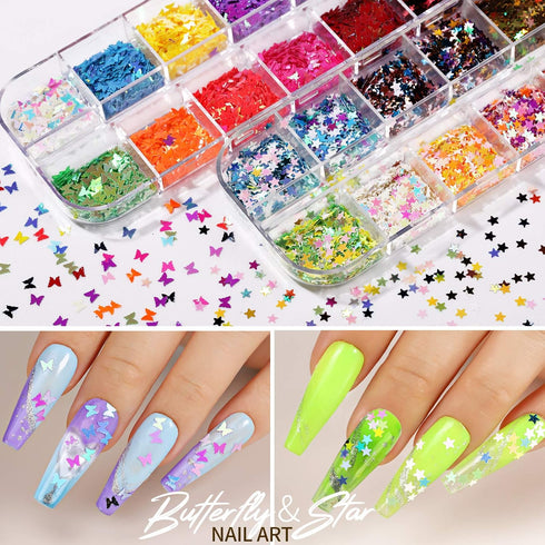Teenitor 12 Sheets Nail Art Sticker, 3D Self-Adhesive Decoration with 5 Boxes Holographic Glitter Flakes and Nail Art