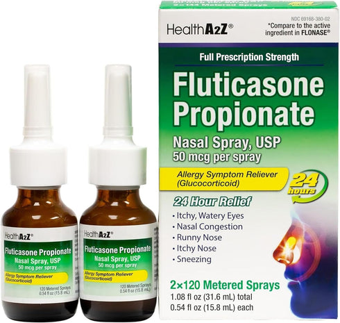 HealthA2Z Allergy Relief, Fluticasone Propionate 50mcg, Nasal Spray, 24-Hour Allergy Relief, Dye