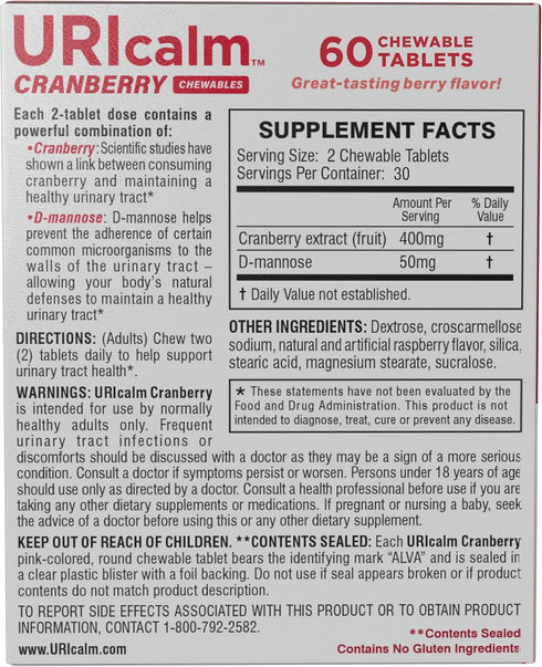 Uricalm Cranberry, Daily Dietary Supplement Chewable with D-Mannose, 60 Count