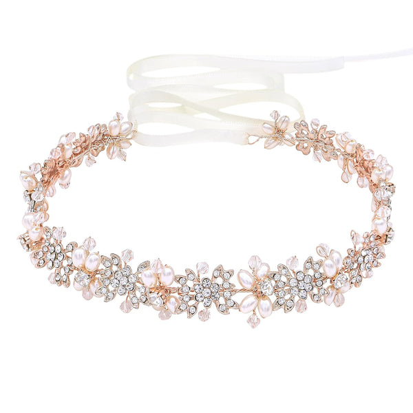Oriamour Bridal Headpiece, Flower Design Wedding Headband Hair Accessories (Rose Gold)