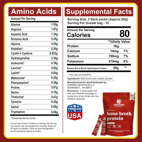 Zammex Packets-18g Go-30 Packets-Supports (15 Bone Broth Collagen Protein-Beef Bone Broth Powder to Travel Stick Skin