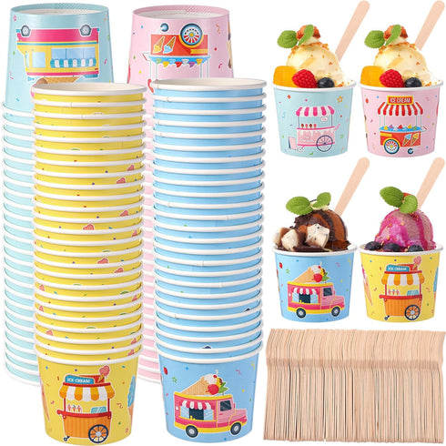 Ninehaoou 100 Set 6 oz Ice Cream Paper Cups with Spoons Bulk Colorful