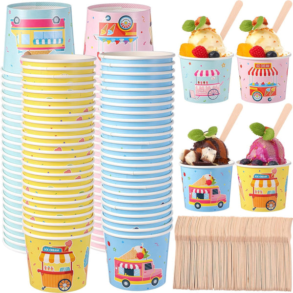 Ninehaoou 100 Set 6 oz Ice Cream Paper Cups with Spoons Bulk Colorful