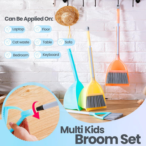 Mini Broom and Dustpan Set for Kids, 3 Pcs Toddler Cleaning Set in Yellow, Red, Green - Small Cleaning Set for Kitchen,