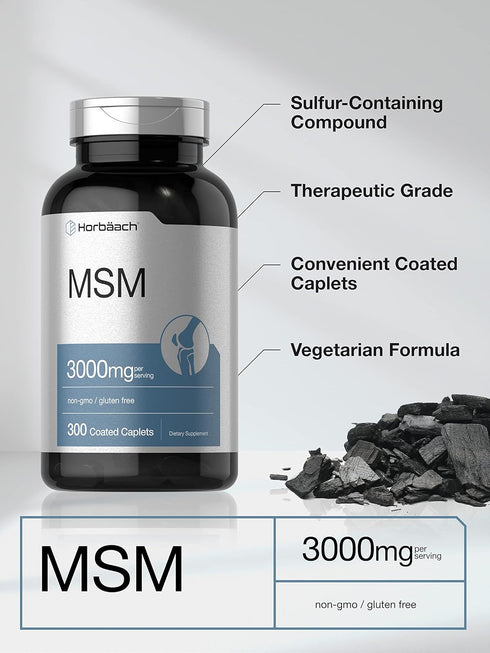 Horbaach MSM Supplement, 3000mg, 300 Coated Caplets, Vegetarian, Non-GMO, Gluten Free