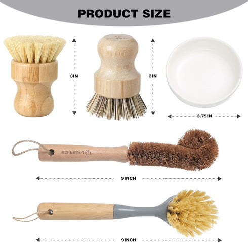 VRUPINZE 4-Piece Set, Natural Bamboo Dish Brush Bottle Scrub Brush with Ceramic Soap Dispenser - Wooden Washing Up